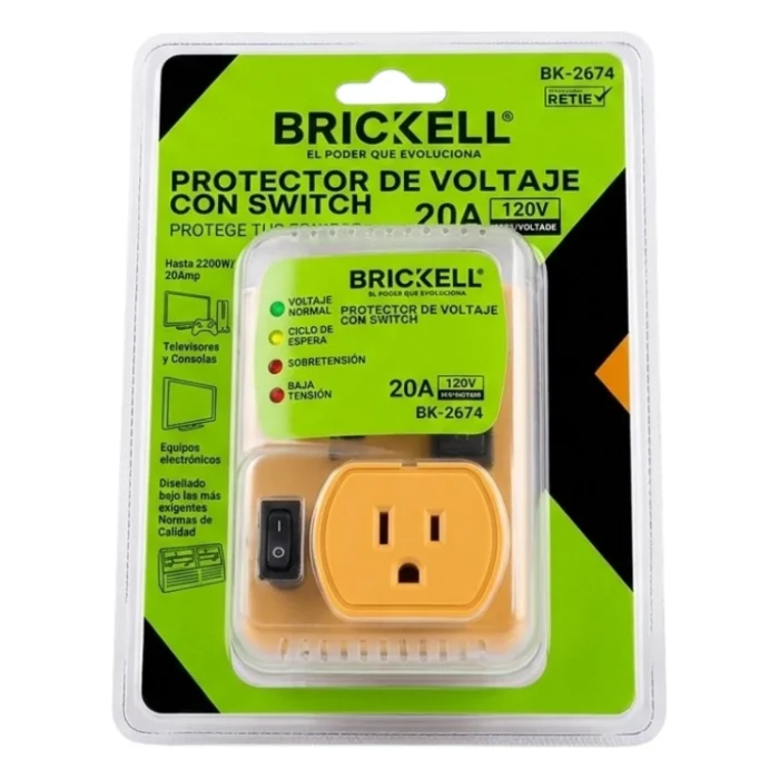 Protector de voltaje con switch Brickell BK-2674, 20A 120V con voltaje mínimo ajustable. Protege televisores, electrodomésticos y equipos electrónicos. Certificado RETIE.