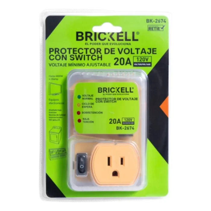 Protector de voltaje con switch Brickell BK-2674, 20A 120V con voltaje mínimo ajustable.