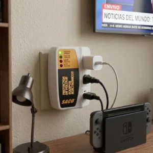 protector de voltaje saco 110 con tres electrodomesticos conectados protegiendo un televisor una consola y una lampara