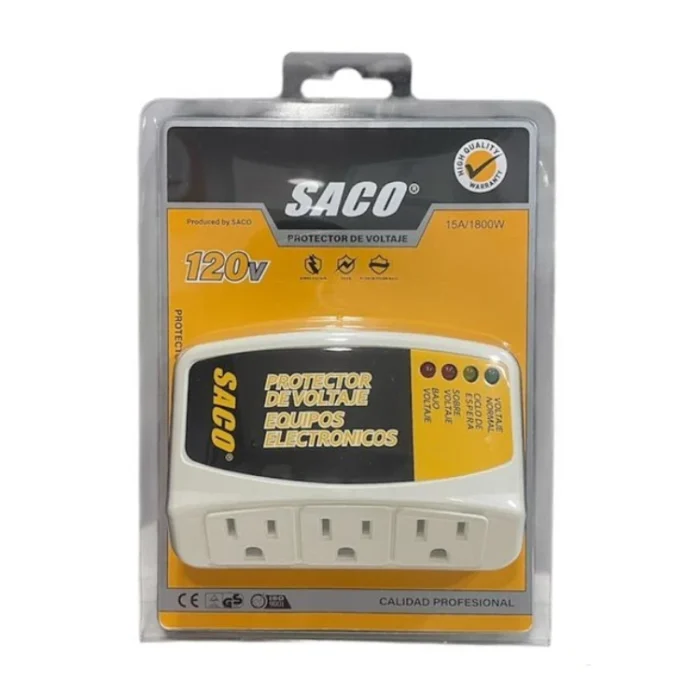 Protector de voltaje SACO 04-FR-33942 con 3 tomacorrientes, 15A/1800W y supresión de picos de 140J. Protege equipos electrónicos contra sobre voltaje y bajo voltaje. 120V. Envíos a todo Colombia.