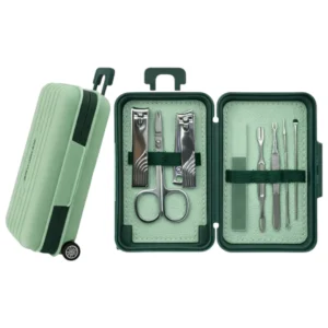 set de manicure profesional en estuche portátil tipo maleta color verde