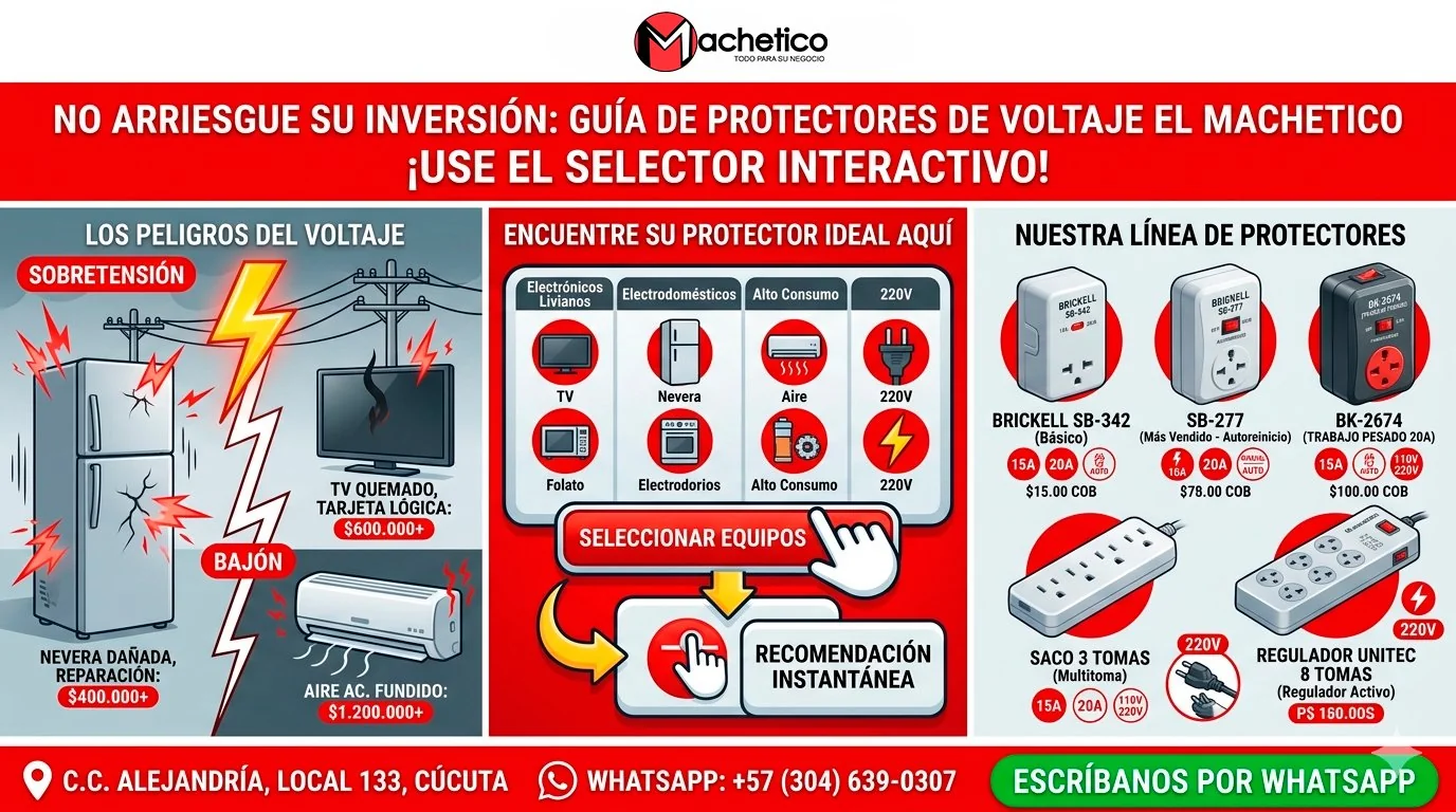 protector de voltaje que necesita para su nevera, aire acondicionado, TV o lavadora. Guía práctica con selector interactivo. Disponible en Cúcuta — El Machetico.