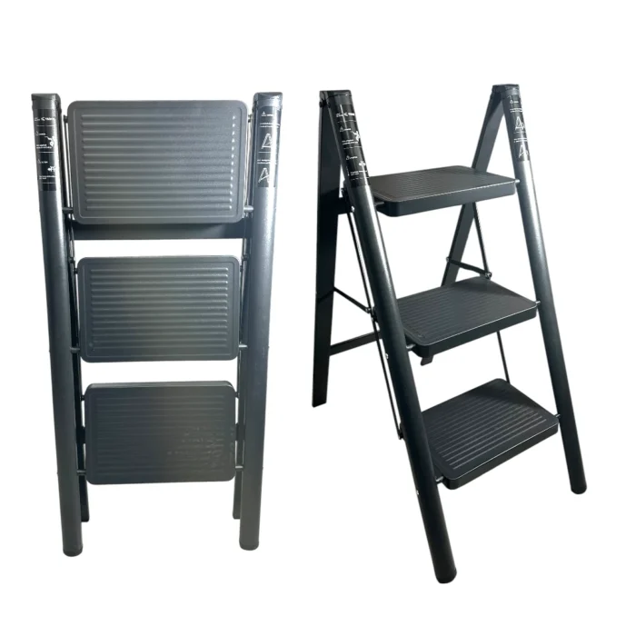 Escalera Plegable 3 Peldaños en Acero Negro Antideslizante - Imagen 2