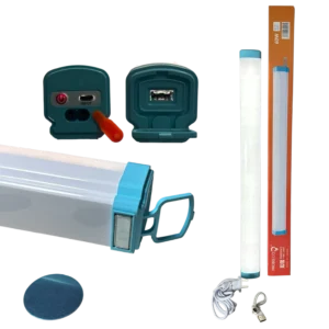 Tubo LED recargable 60W Probelco portátil con batería integrada, soporte magnético y carga USB para emergencias y negocios, posee imán
