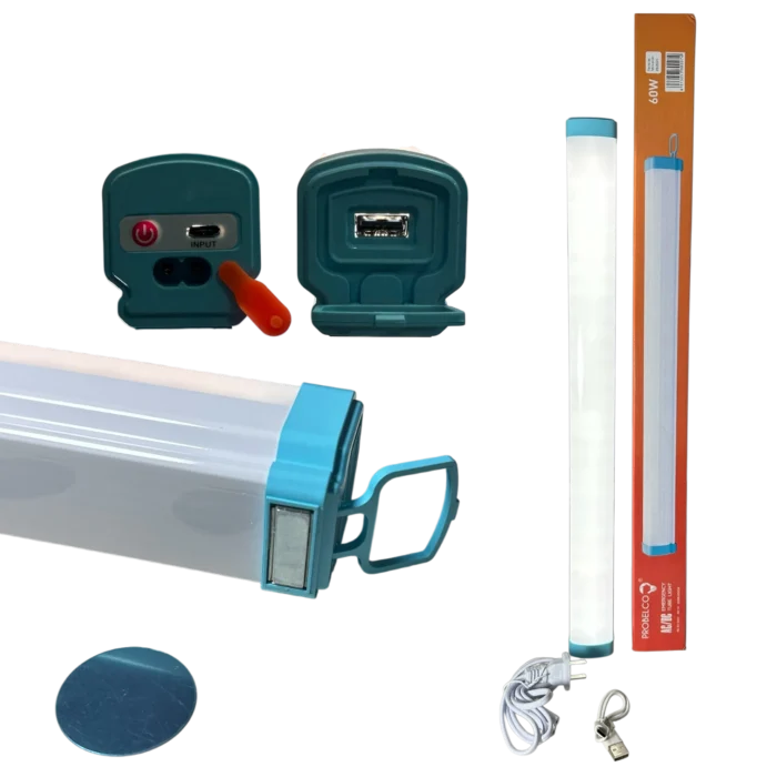 Tubo LED recargable 60W Probelco portátil con batería integrada, soporte magnético y carga USB para emergencias y negocios, posee imán
