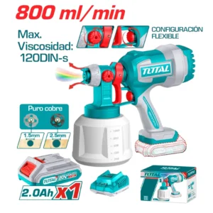 Pistola para pintar inalámbrica TOTAL 20V: 800 ml/min, depósito de 1000 ml y acabado profesional sin compresor. Incluye batería y cargador. En El Machetico